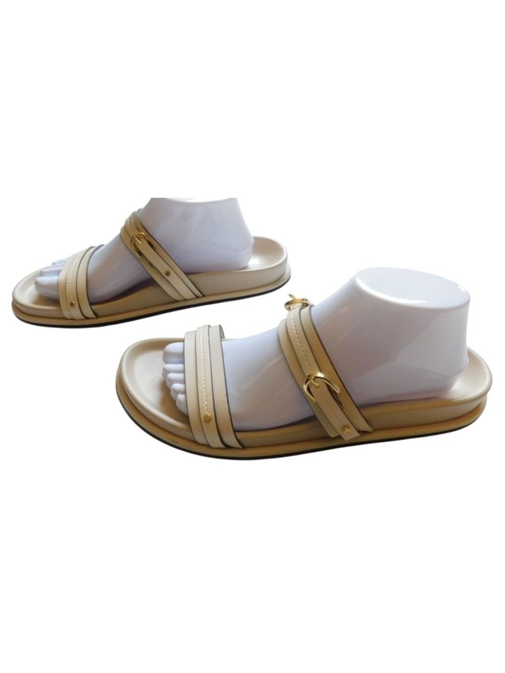 Zara Womens Cream Slide Sandals Gold Buckle Details Size 41 10  / 10.5 Coastal